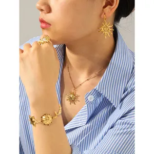 Stainless steel sun pendant necklace earrings bracelet ring set for women vacation jewelry.