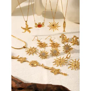 Stainless steel gold sun moon star necklace earrings jewelry set fashion women vacation accessories