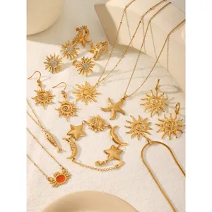 Stainless Steel Sunflower Sun Pendant Necklace Earrings Ring Bracelet Luxury Gold Rhinestone Celestial Marine Jewelry For Women Vacation Accessories