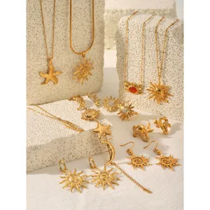 Gold stainless steel sun starfish necklace set, elegant vacation jewelry for women detail.