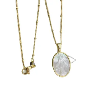 Gold-plated satellite chain necklace with white mother-of-pearl Virgin Mary pendant