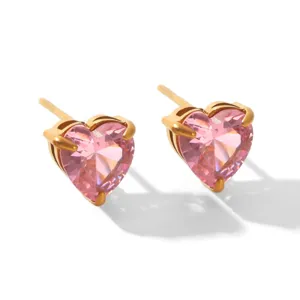 Pink heart zircon stud earrings with 18k gold plated titanium steel, elegant minimalist jewelry.