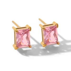 Elegant square pink cubic zirconia stud earrings in gold finish, chic and minimalist style.