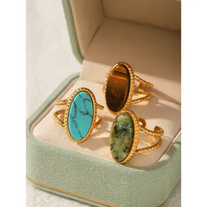 Vintage Stainless Steel Natural Stone Open Ring For Women Geometric Oval Inlaid Adjustable Luxury Niche Finger Ring Jewelry Gift