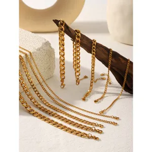 Stainless steel Cuban chain necklace bracelet set, 18k gold plated fashion jewelry for women.