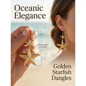 Gold starfish dangle earrings in stainless steel. Stunning marine ocean style jewelry piece.