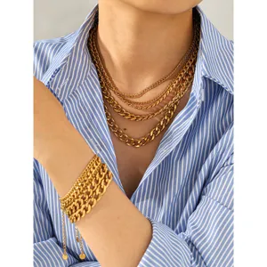 Layered gold cuban chain necklace and bracelet set stainless steel fashion jewelry