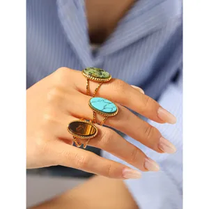Vintage stainless steel natural stone ring for women, elegant oval tiger eye adjustable ring.
