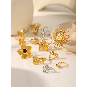 Stainless Steel Butterfly Flower Star Open Rings Set Chic Gold Fashion Women Jewelry