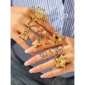 Stainless steel butterfly flower rings set, hollow open ring for women detail view.