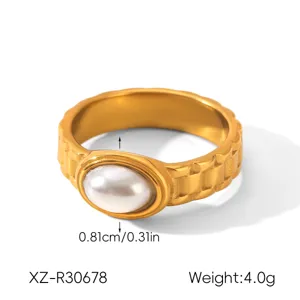 Stainless steel pearl strap ring, stylish gold fashion ring with oval pearl for women.