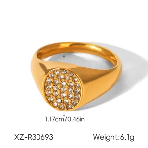 Gold stainless steel signet ring for women, paved cubic zirconia round geometric band jewelry.