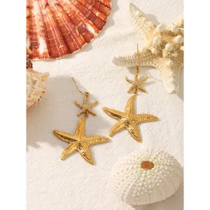 Gold stainless steel starfish dangle earrings ocean style fashion jewelry for women