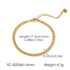 Stainless steel Cuban link chain bracelet with extension, 18k gold plated jewelry accessory.