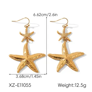 Gold stainless steel starfish double drop earrings with sparkling rhinestones. Size: 6.62x3.68cm.