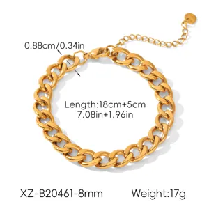 Detailed view of the gold stainless steel Cuban link chain bracelet showing precise dimensions.
