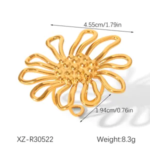 Gold stainless steel hollow flower open ring, stylish daily wear jewelry with detailed size.