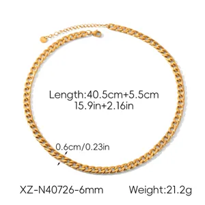 Detailed view of the 18k gold stainless steel Cuban chain necklace with length and width dimensions.