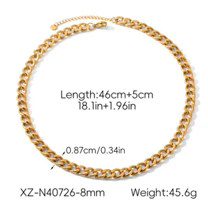 Gold stainless steel cuban chain necklace for women men thick metal choker jewelry accessory.