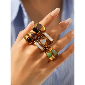 French vintage natural stone stainless steel rings set for women geometric fashion jewelry