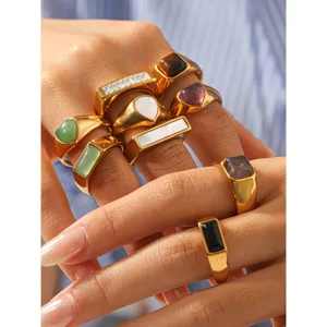 French retro natural stone stainless steel ring set geometric titanium steel rings for women