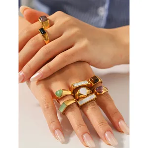 French vintage stainless steel gold-plated ring set featuring natural stone and geometric design.