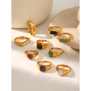 French retro natural stone stainless steel rings set geometric titanium steel rings for women