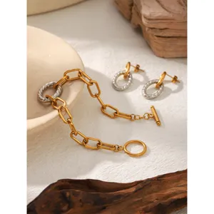Minimalista Bracciale a Catena Bicolore in Acciaio Inossidabile E Orecchini a Cerchio Set Design di Nicchia Gioielli Geometrici per Donna