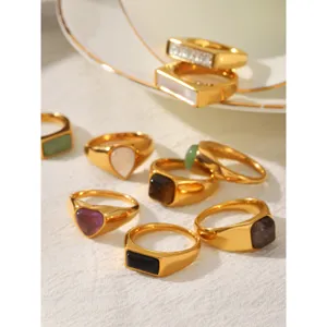 Chic chunky gold stainless steel rings set with natural stones, geometric retro jewelry for women.