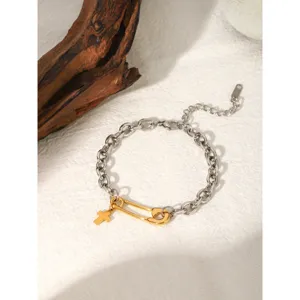 Two-tone stainless steel safety pin cross bracelet, titanium steel chic wrist jewelry.