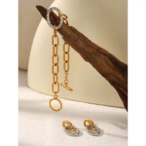 Set bracciale e orecchini catena acciaio inossidabile bicolore stile minimalista