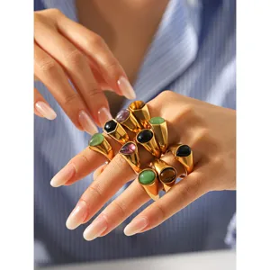 Chic 18k gold plated stainless steel gemstone rings, stylish ins style stacked chunky ring set.