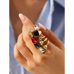 Stainless steel geometric zircon ring set, fashion multi-color crystal stackable open rings.