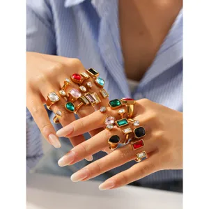 Geometric Stainless Steel Open Ring Gold Plated Rhinestone Adjustable Band Ring Light Luxury Fashion Hand Jewelry For Women