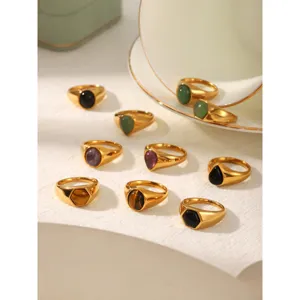 Stainless steel 18k gold plated gemstone ring set, minimalist geometric design, fashion jewelry.