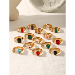 Stainless steel colorful zircon geometric open rings detailed view showing vibrant gemstone cuts.