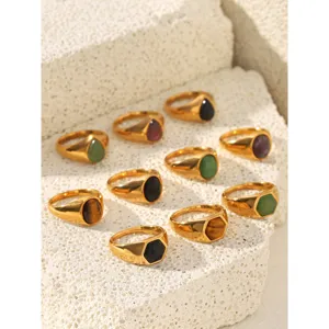 Gold stainless steel gemstone rings set featuring geometric shapes and natural stones.