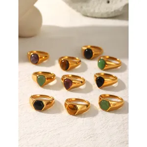 Vintage Stainless Steel Natural Stone Ring For Men Women Vacuum 18K Gold Plated Geometric Hexagon Signet Ring Jewelry Gift