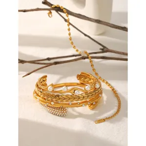 French vintage pearl stainless steel open cuff bracelet stack set elegant detail view.
