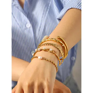 French vintage stainless steel pearl bracelet stack open cuff chic jewelry for women