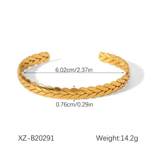 Gold braided open cuff bracelet detail view, showcasing diameter and width measurements clearly.