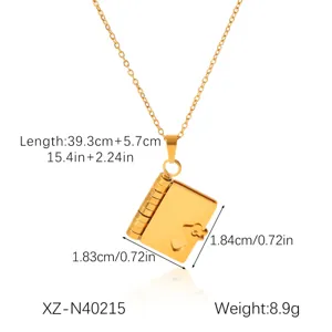 Elegant Gold Stainless Steel Book Pendant Necklace for Women Fashion Gift 39.3cm+5.7cm