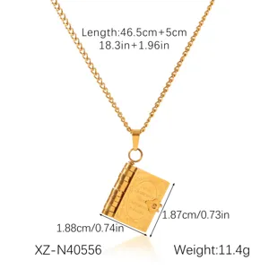 Stainless steel book pendant necklace with engraved inspirational quote, gold fashion jewelry.
