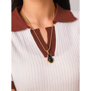Gold stainless steel necklace with black drip oil gourd pendant for women fashion jewelry.