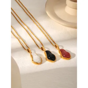 Gold tone stainless steel gourd pendant necklace set with white black red chic clavicle chains.