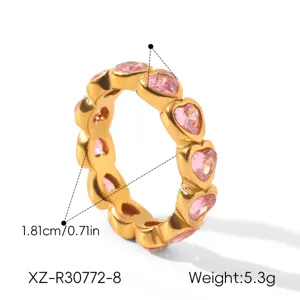 Gold titanium steel pink zircon heart ring detailed size and weight specification view