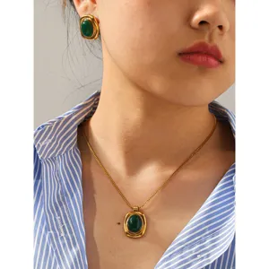 French ins style 18k gold plated stainless steel green stone necklace earrings set.