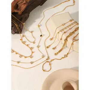 Ensemble de collier superposé en acier inoxydable zircon, beau bijou doré élégant.