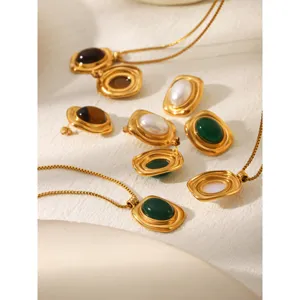 Stainless steel 18K gold plated tiger eye stone necklace earrings jewelry set fashion chic