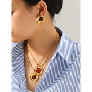 Französische Retro-Bernstein-Edelstein-Halskette und Ohrringe Schmuck Detailansicht